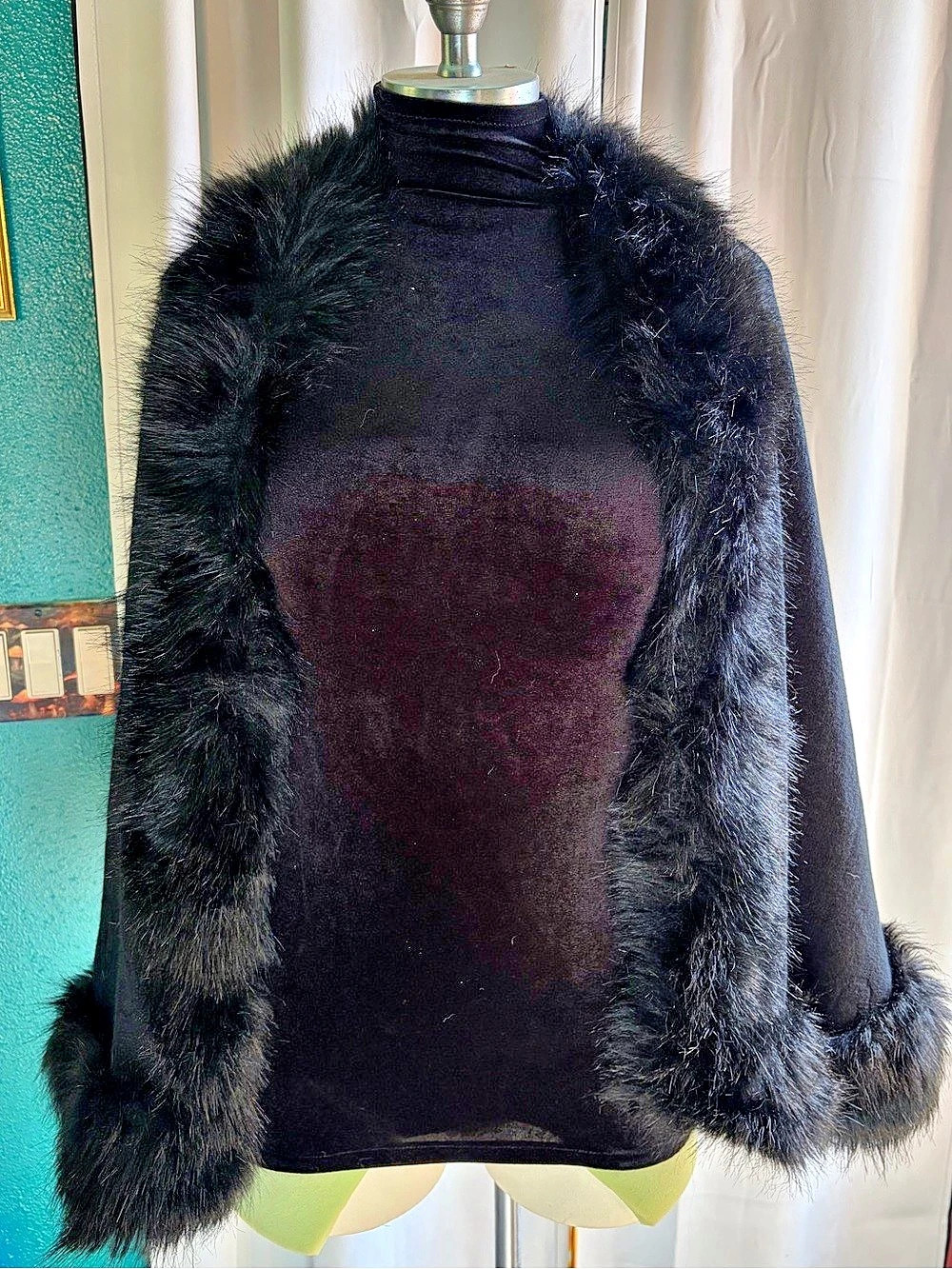 Black Faux Fur Trim Cape